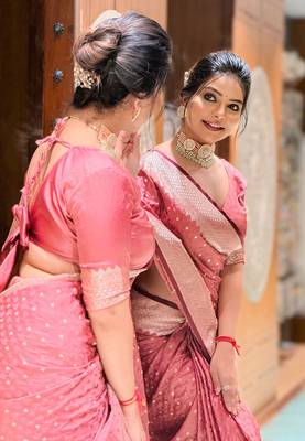 pink soft banarasi antique silk weaving saree with blouse piece 4
