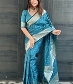 Sky blue soft banarasi antique silk weaving saree with matching blouse piece