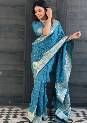sky blue soft banarasi antique silk weaving saree with blouse piece 3