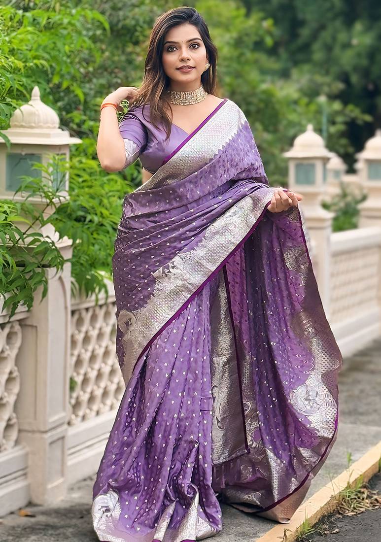 Purple soft banarasi antique silk weaving saree with matching blouse piece