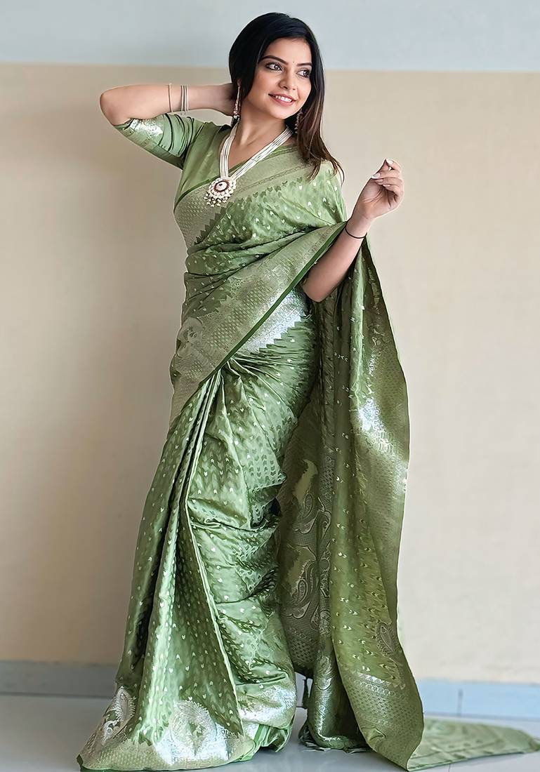 Green soft banarasi antique silk weaving saree with matching blouse piece