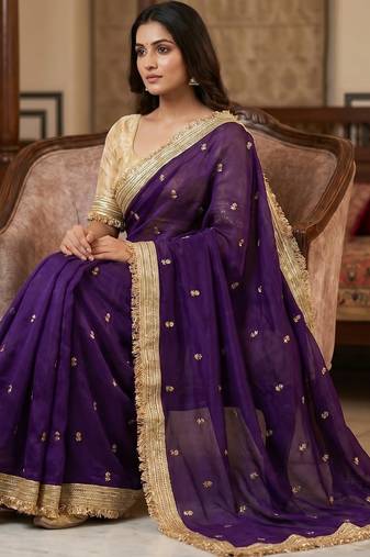 Purple Color Sequence  butti  Work Satin Saree
