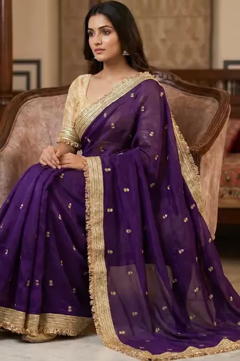 Purple Color Sequence  butti  Work Satin Saree