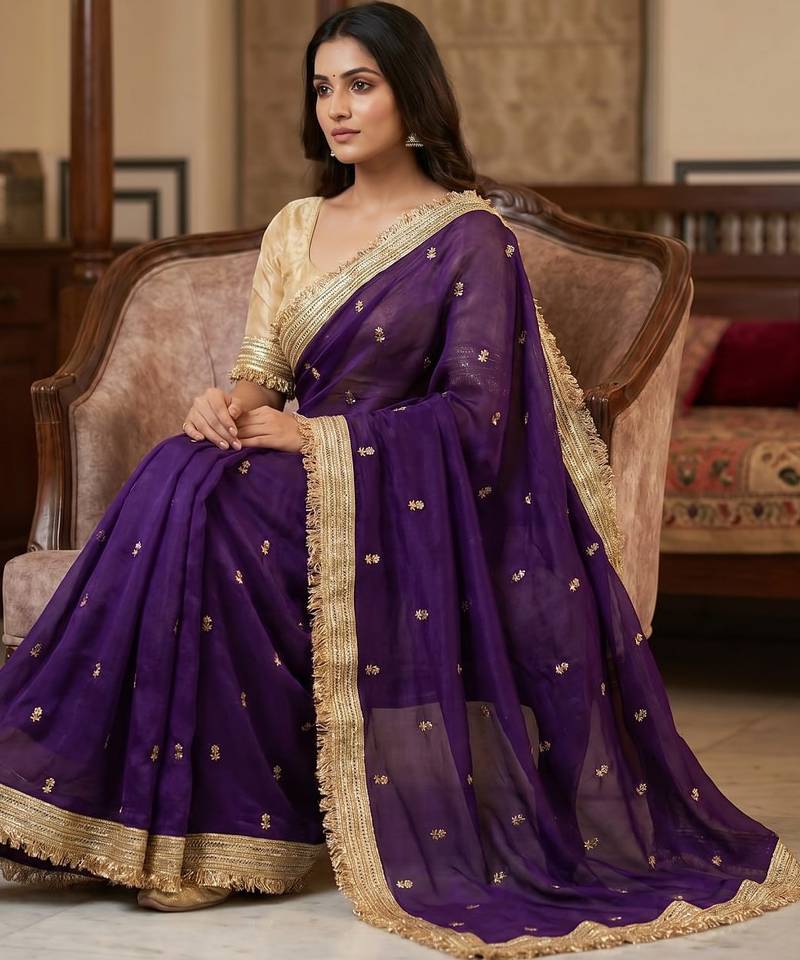 Purple Color Sequence  butti  Work Satin Saree