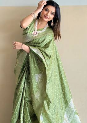 green soft banarasi antique silk weaving saree with blouse piece 4