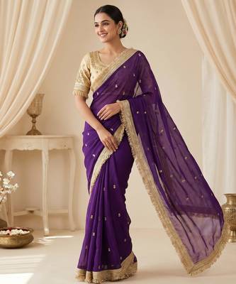 Purple Color Sequence  butti  Work Satin Saree 2