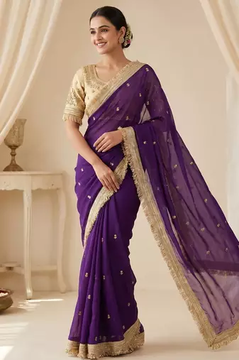 Purple Color Sequence  butti  Work Satin Saree