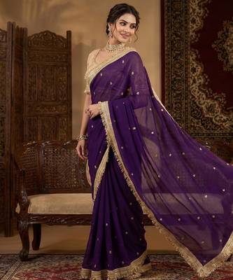 Purple Color Sequence  butti  Work Satin Saree 3