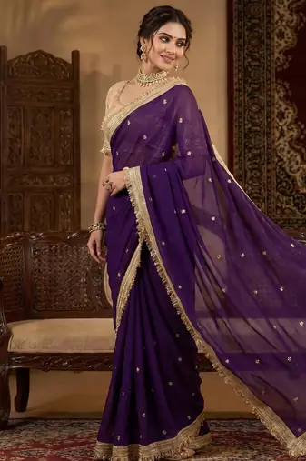 Purple Color Sequence  butti  Work Satin Saree
