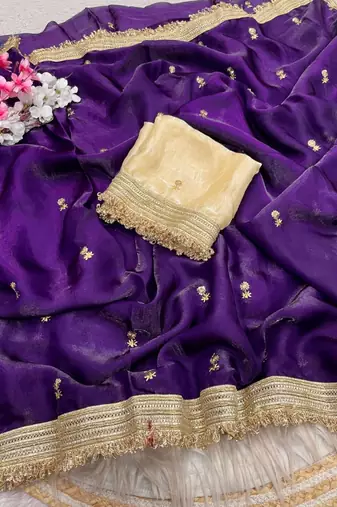 Purple Color Sequence  butti  Work Satin Saree