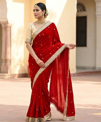 Red Color Sequence  butti  Work Satin Saree 1