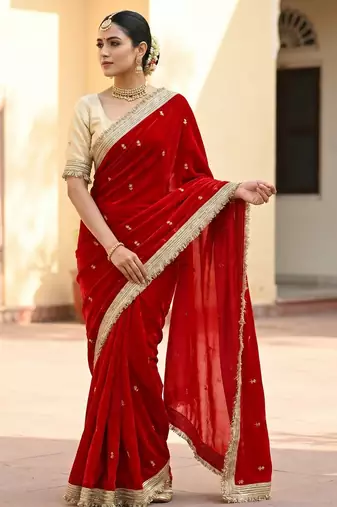 Red Color Sequence  butti  Work Satin Saree