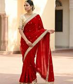 Red Color Sequence  butti  Work Satin Saree
