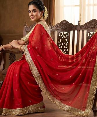 Red Color Sequence  butti  Work Satin Saree 2