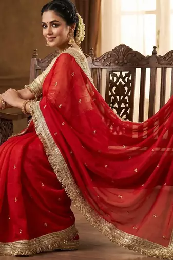 Red Color Sequence  butti  Work Satin Saree