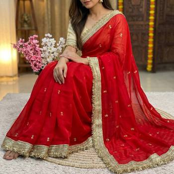 Red Color Sequence  butti  Work Satin Saree 3