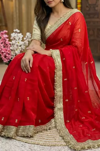 Red Color Sequence  butti  Work Satin Saree