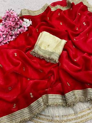 Red Color Sequence  butti  Work Satin Saree 4