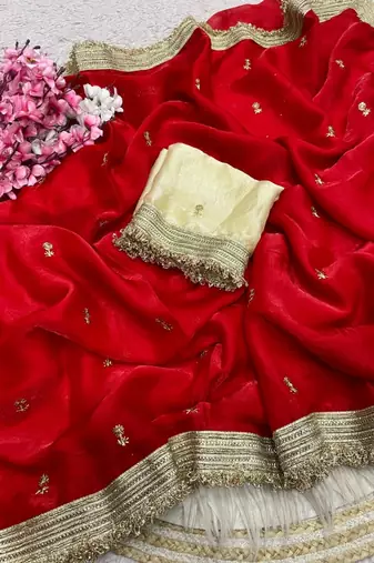Red Color Sequence  butti  Work Satin Saree