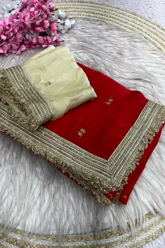 Red Color Sequence  butti  Work Satin Saree