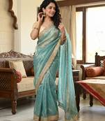 Sky Blue Sequin Butti Work Satin Saree