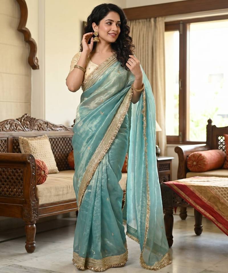 Sky Blue Color Sequence  butti  Work Satin Saree