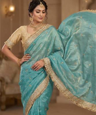 Sky Blue Color Sequence  butti  Work Satin Saree 2