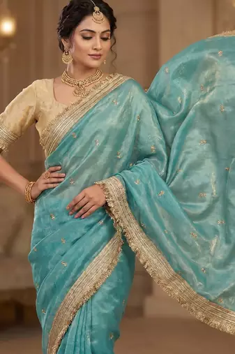 Sky Blue Color Sequence  butti  Work Satin Saree