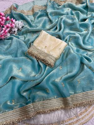 Sky Blue Color Sequence  butti  Work Satin Saree 3