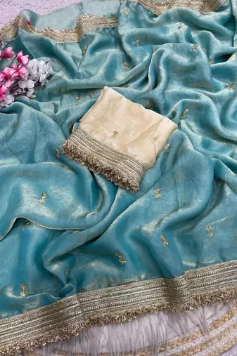 Sky Blue Color Sequence  butti  Work Satin Saree