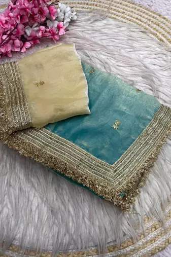 Sky Blue Color Sequence  butti  Work Satin Saree