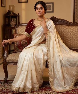 White Color Sequence  butti  Work Satin Saree 1
