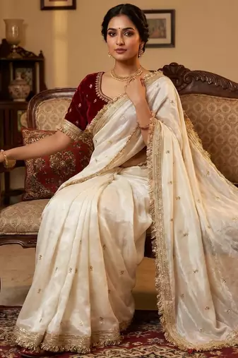 White Color Sequence  butti  Work Satin Saree