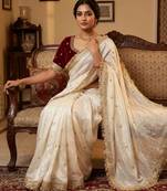 White Color Sequence  butti  Work Satin Saree