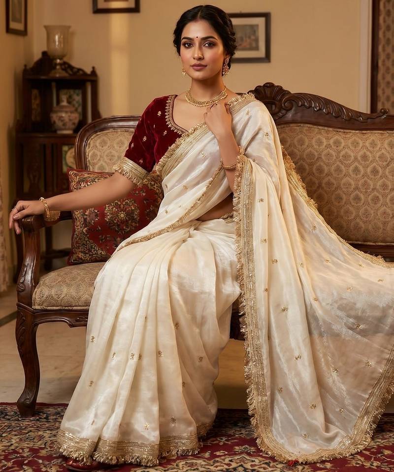 White Color Sequence  butti  Work Satin Saree