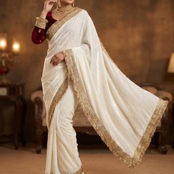 White Color Sequence  butti  Work Satin Saree 2