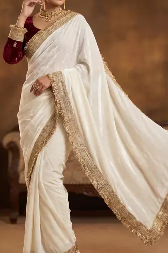 White Color Sequence  butti  Work Satin Saree