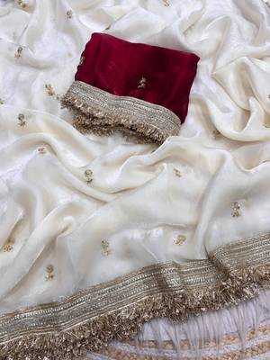 White Color Sequence  butti  Work Satin Saree 3