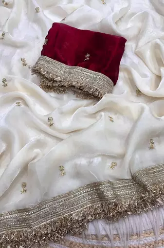 White Color Sequence  butti  Work Satin Saree