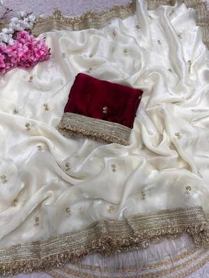 White Color Sequence  butti  Work Satin Saree 4