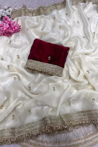 White Color Sequence  butti  Work Satin Saree
