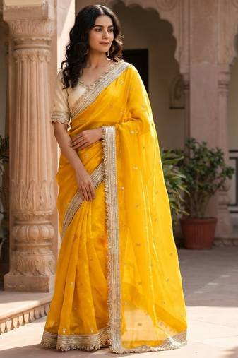 Yellow Color Sequence  butti  Work Satin Saree