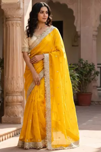 Yellow Color Sequence  butti  Work Satin Saree