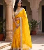 Yellow Sequin Butti Work Satin Saree
