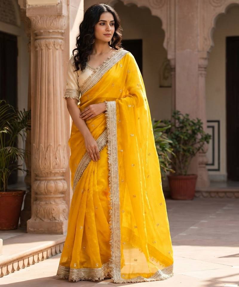 Yellow Color Sequence  butti  Work Satin Saree