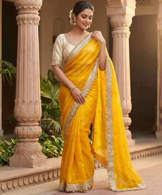 Yellow Color Sequence  butti  Work Satin Saree 2