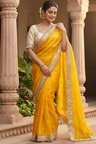 Yellow Color Sequence  butti  Work Satin Saree