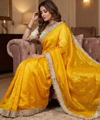 Yellow Color Sequence  butti  Work Satin Saree 3