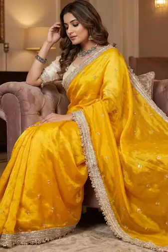 Yellow Color Sequence  butti  Work Satin Saree