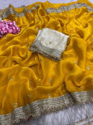 Yellow Color Sequence  butti  Work Satin Saree 4